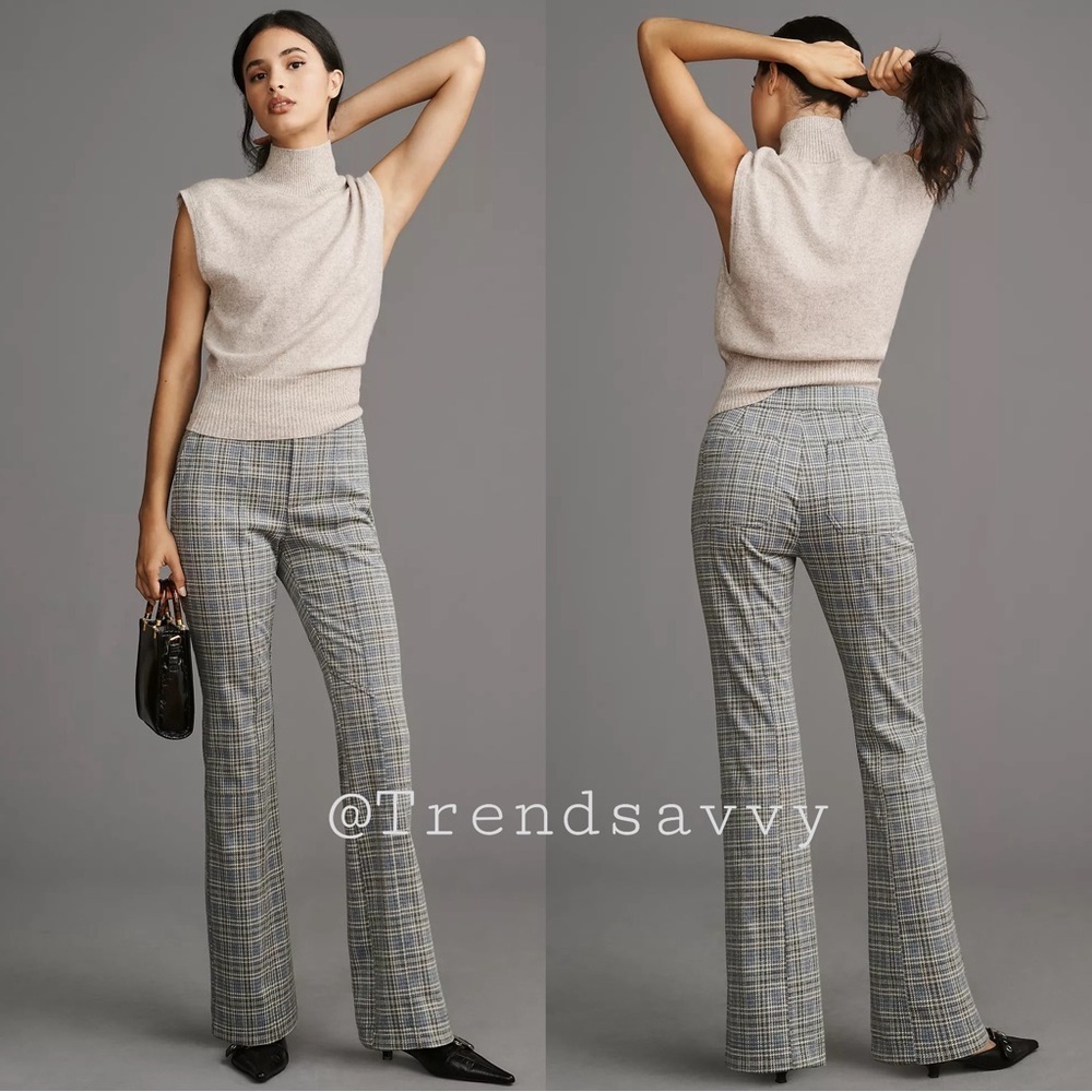 Anthropologie Gray Plaid High Rise Bootcut Flare Knit Pants XL Pull On Workwear